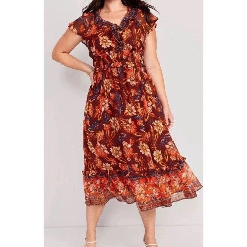 Old Navy Womens Floral Chiffon Ruffle Midi Dress Sz 2X Boho Artsy Flutter Sleeve